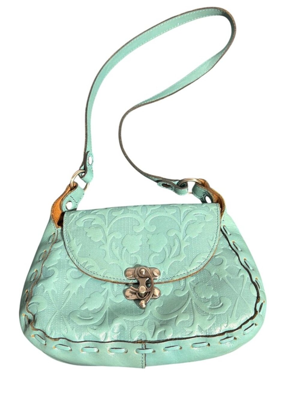 Patricia Nash Micaela Teal Shoulder Bag Tooled Embossed Leather Swinglock Suede